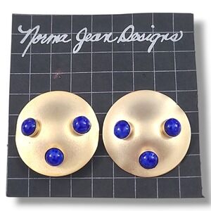 Vintage 80s Norma Jean Matte Gold Modernist Blue Cabachons Pierced Earrings